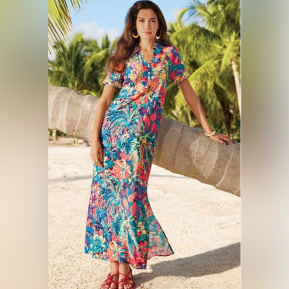 Soft Surroundings Florence Boho Embroidered Beaded Tropical Shirt Dress 2X 22W - Picture 10 of 14